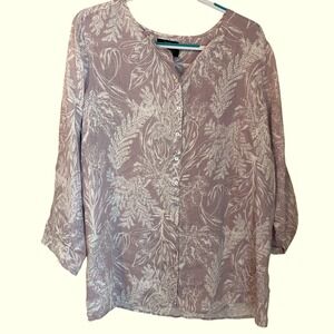 TAHARI Size 1X Lilac Purple Floral Linen Button Front Tunic Shirt Roll Tab